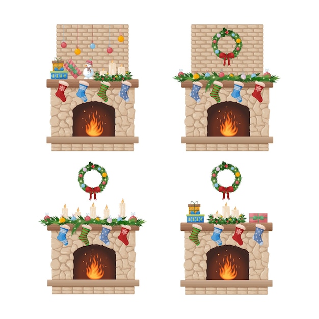 Fireplace christmas fireplace with a christmas wreath and socks for gifts fireplace with fire and fe