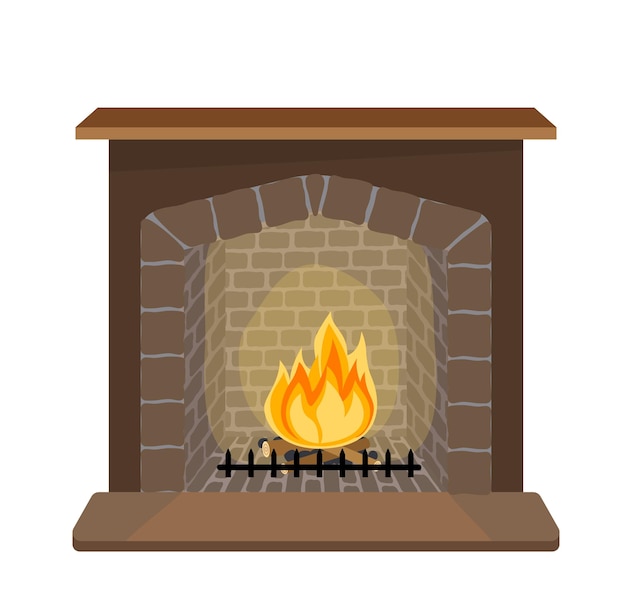 Fireplace Cozy brown burning fireplace Flat cartoon vector