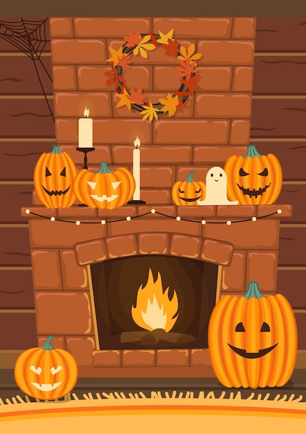 Vector fireplace decorated for halloween. pumpkins, candles, and wreath of autumn leaves. cartoon style.