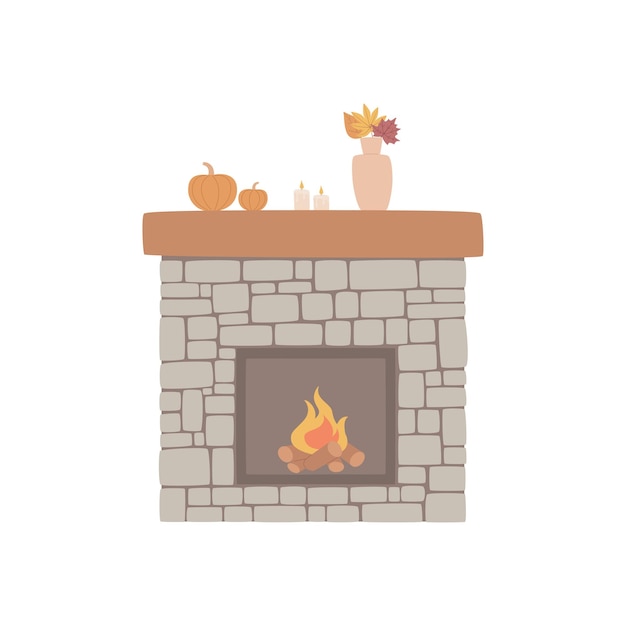 Fireplace made of natural stone with autumn decor and a bright burning flame Vector handdrawn illu