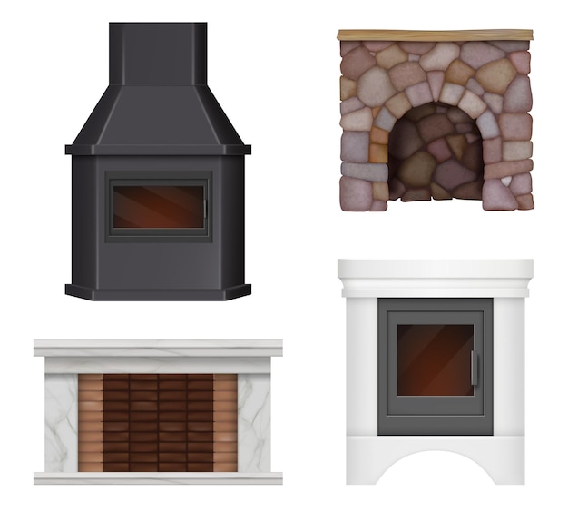 Fireplace realistic Home modern chimney place for relax concept symbols of cosiness decent vector pictures of fireplaces from bricks and decorative columns