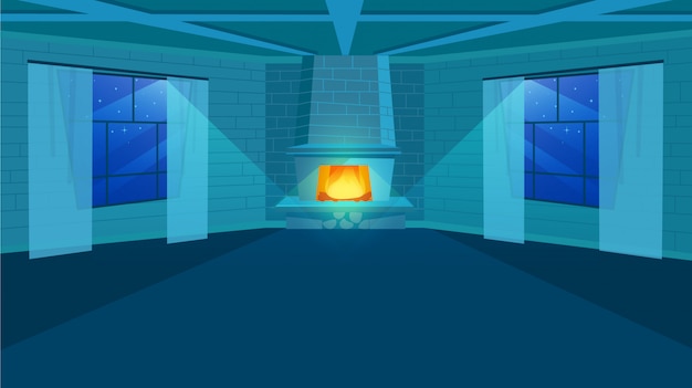 Fireplace in room flat illustration. Stylized brick wall in interior design.