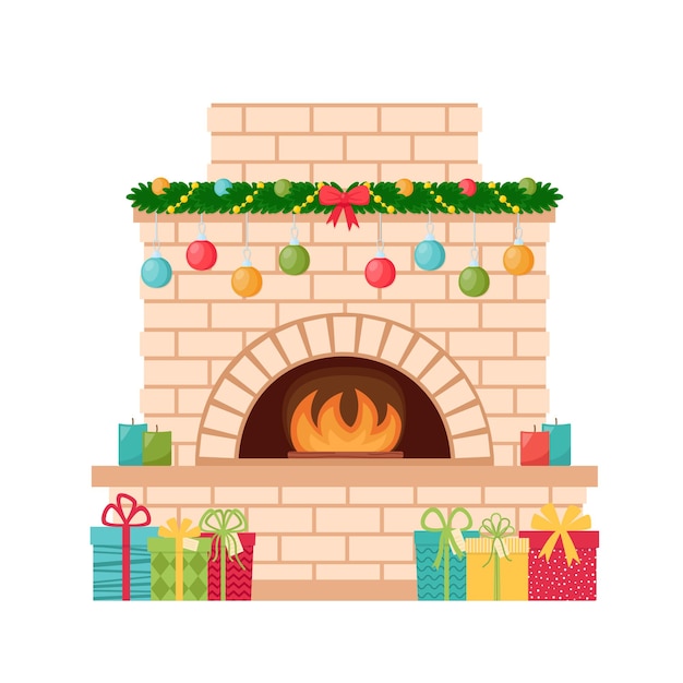 Fireplace with christmas decoration. Merry Christmas and Happy New Year. Vector illustration