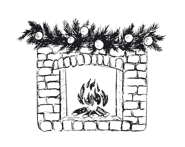 Fireplace with socks and Christmas decorations, hand drawn illustration. Vector.