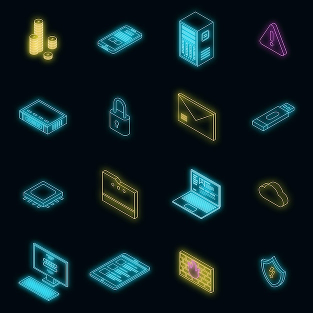 Firewall security icons set vector neon