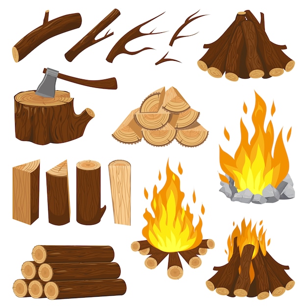 Firewood boards. Fireplace fire wood, burning wooden stack and blazing bonfire. Campfire logging pile cartoon  illustration