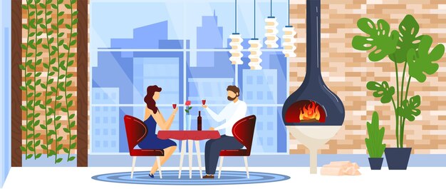 Firewood stove woman together man romance cook snack street background design in cartoon style vector illustration