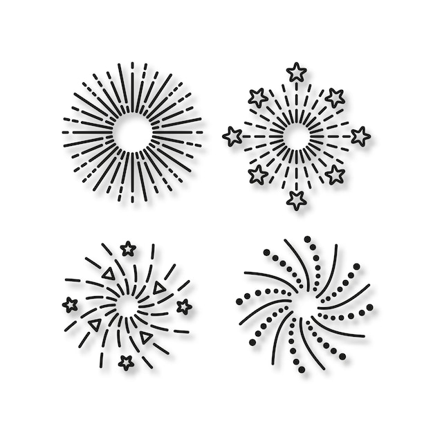 Firework icons set Line sparkle explosion Happy new year shiny symbol Burst stars and sparks Vector illustration