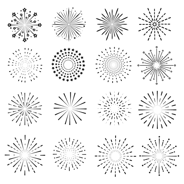 Vector firework line icon set and happy new year firework vector design