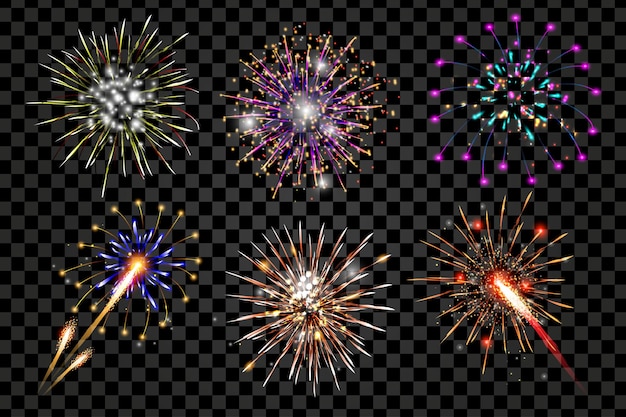 Fireworks explosions 3d set in realism design Bundle of colourful sparkling salute firecracker flashes at transparent background holiday bursts isolated realistic elements Vector illustration