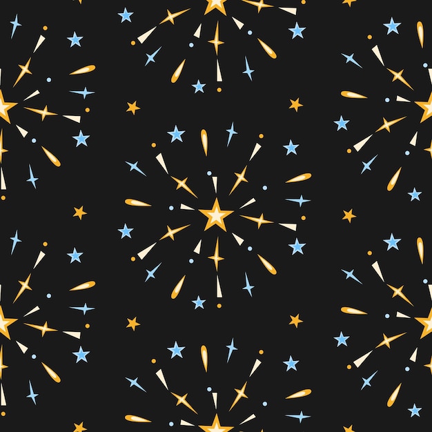 Fireworks seamless pattern on night background.