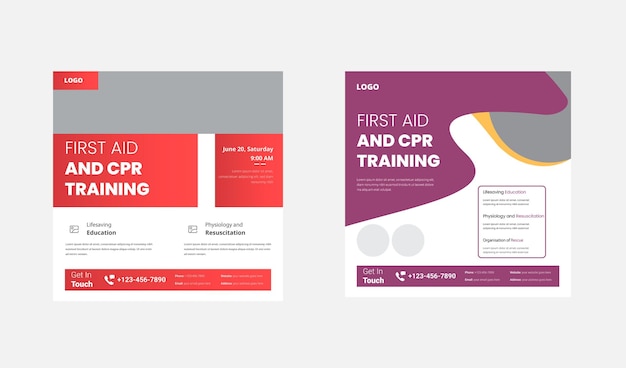 First aid and crp training social media template First aid training service promotion poster leaflet template Crp training social media poster design