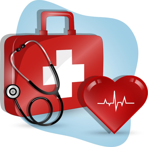 First aid kit box with stethoscope and heart in vector illustration