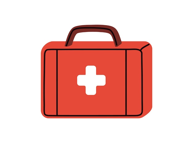 Vector first aid kit emergency medical box red suitcase with cross health assistance healthcare equipment portable case firstaid briefcase flat vector illustration isolated on white background