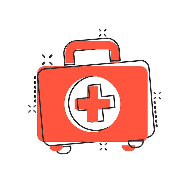 First aid kit icon in comic style Health help and medical diagnostics vector cartoon illustration on white isolated background Doctor bag business concept splash effect