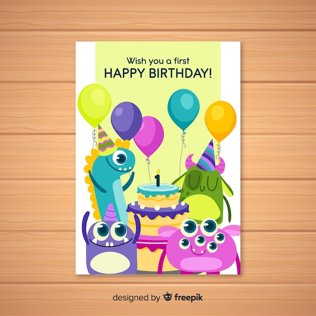 First birthday invitation card with monsters