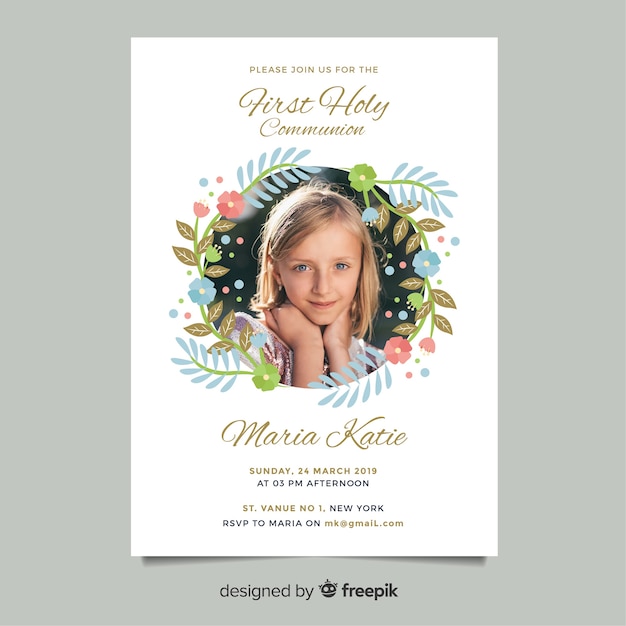 First communion invitation template with photo