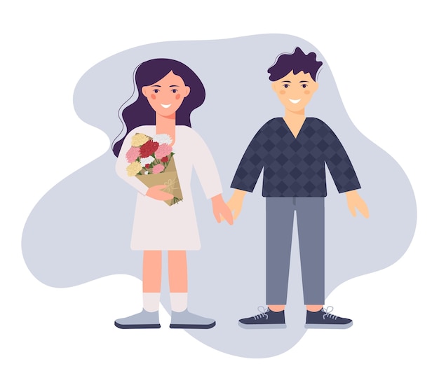 First date concepta couple a girl and a guy on a date hold hands girl with flowers vector illustrati