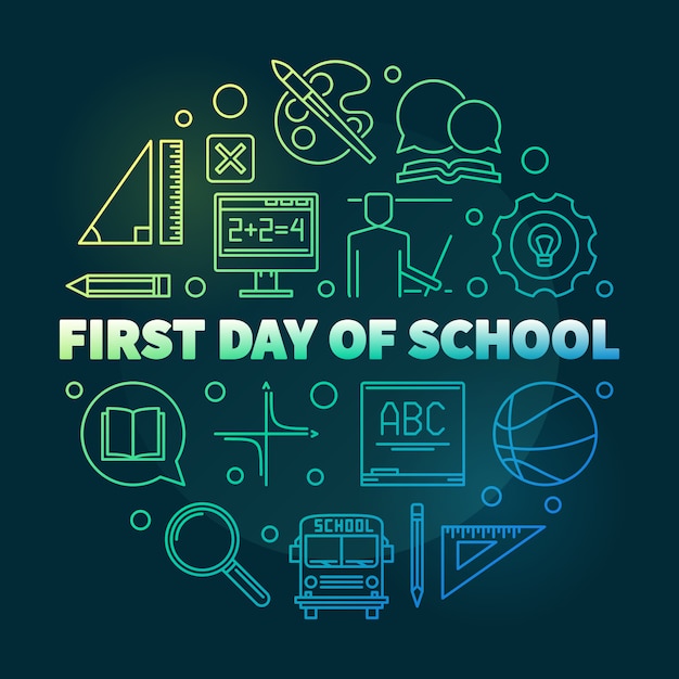 First Day of School round bright linear illustration