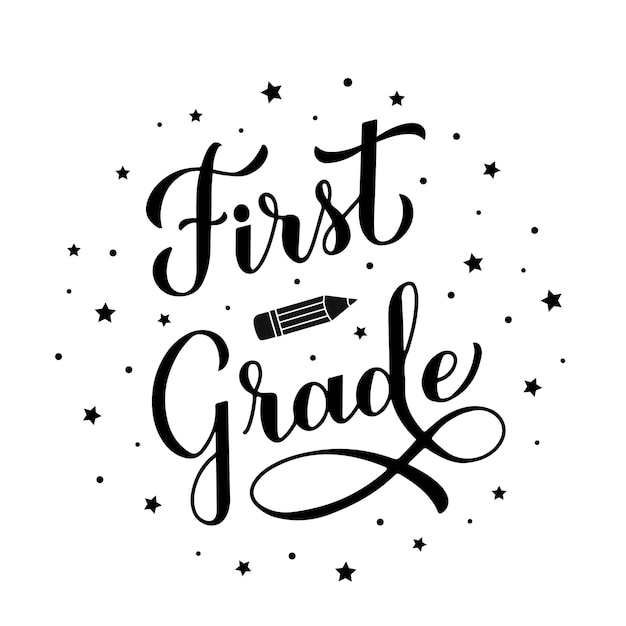 First Grade calligraphy hand lettering isolated on white 1st day of school Vector template for typography poster banner flyer greeting card postcard tshirt