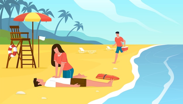 First medical aid Emergency assistance drowning situation beach lifeguards do indirect heart massage ambulance service on seaside Reanimation and resuscitation on vacation vector cartoon concept