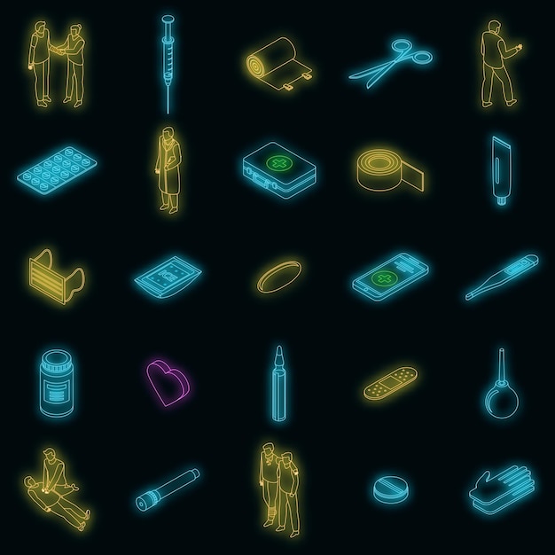 First medical aid icons set vector neon