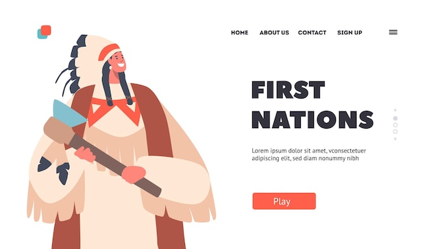 First Nations Landing Page Template Warlike Indian American Male Character with Pigtails and Axe Indigenous Warrior