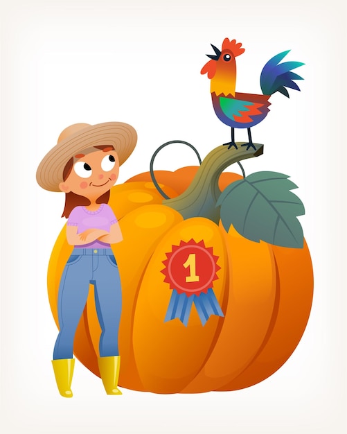 First prize won by farmer girl for planting the biggest orange pumpkin at countryside