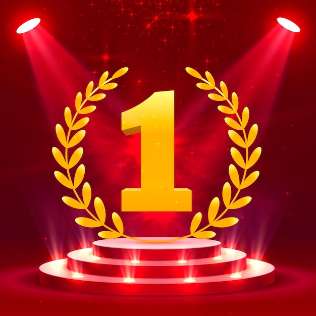 First Stage podium with lighting, Stage Podium Scene with for Award Ceremony on red Background, Vector illustration