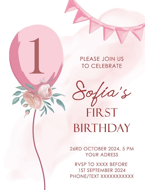 Vector firts birthday girl invitation template pink ballon wirh elegant flowers