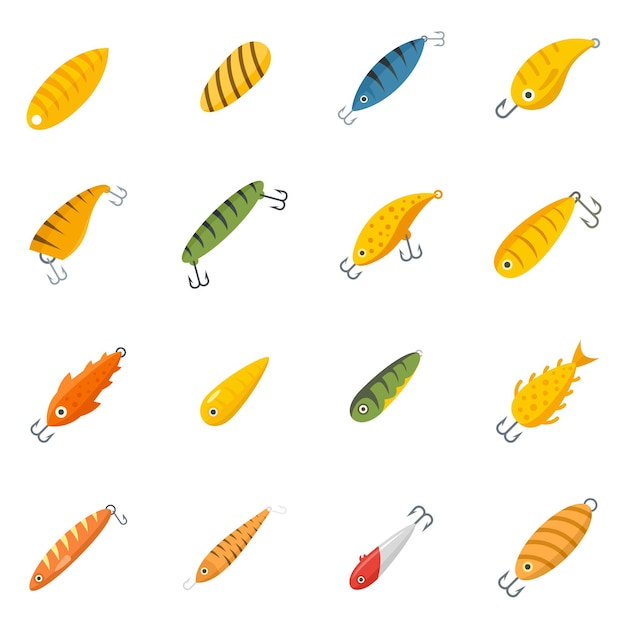 Fish bait icons set. Flat set of fish bait vector icons isolated on white background