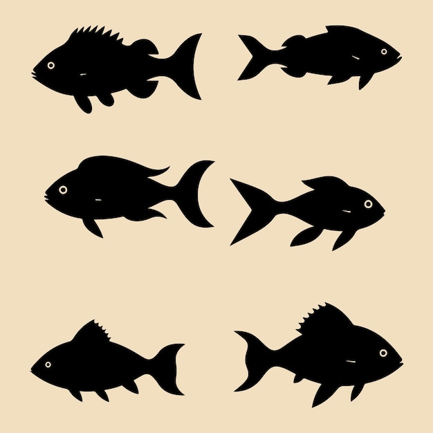 Vector fish black silhouette set clip art