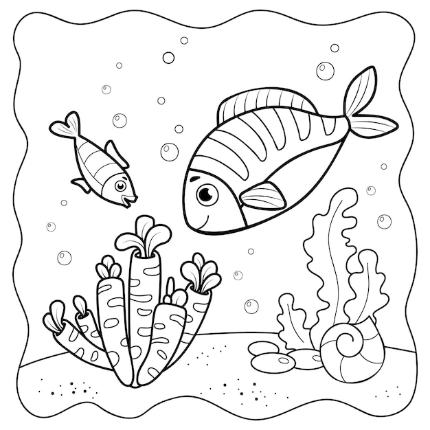 Fish black and white Coloring book or Coloring page for kids Marine background