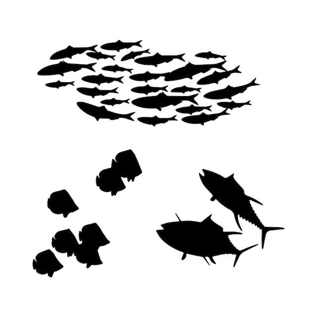 Vector fish black and white silhouettes set of marine animals