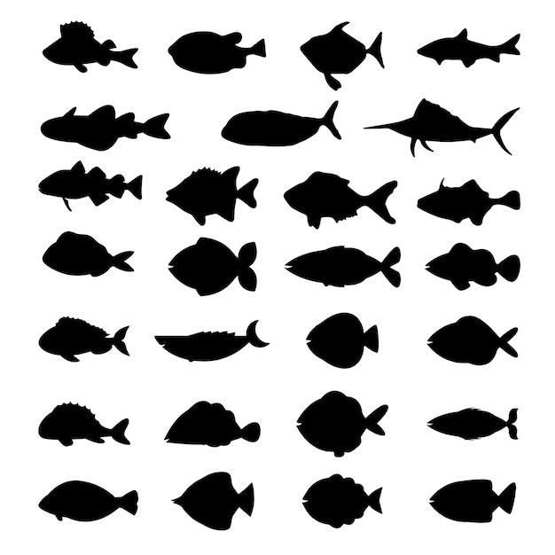 Fish black and white silhouettes set of marine animals