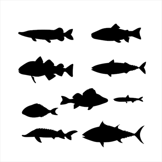 Fish black and white silhouettes set of marine animals