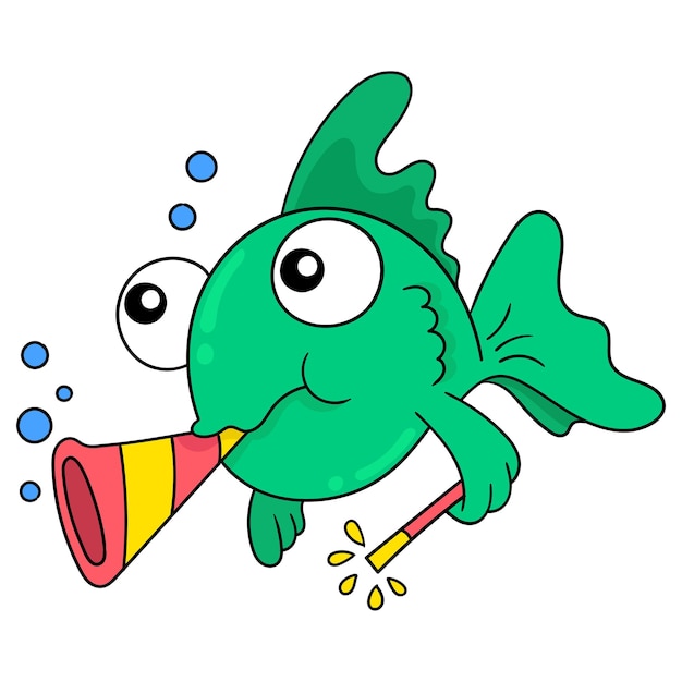 Fish blowing the trumpet at the celebration of the new year party vector illustration art doodle icon image kawaii