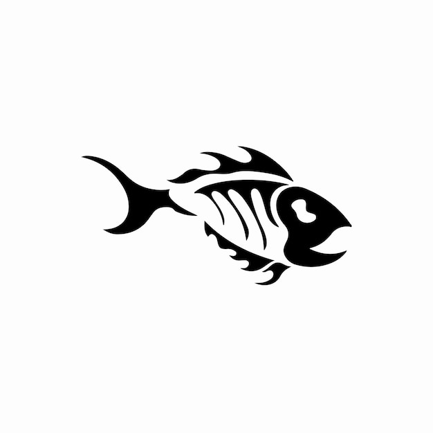 Fish Bone Icon Logo Design Black and White Stencil Flat Vector Illustration on White Background