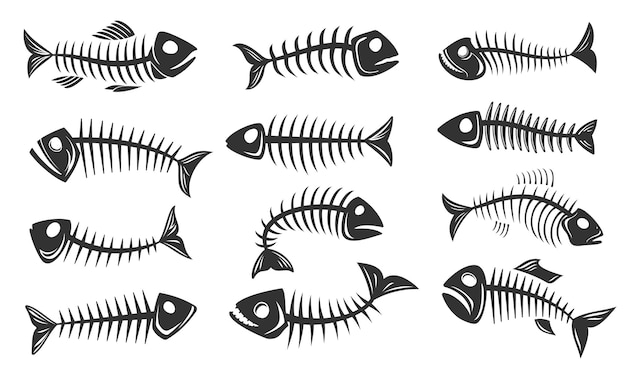 Fish bone icons, fishbone skeleton silhouettes