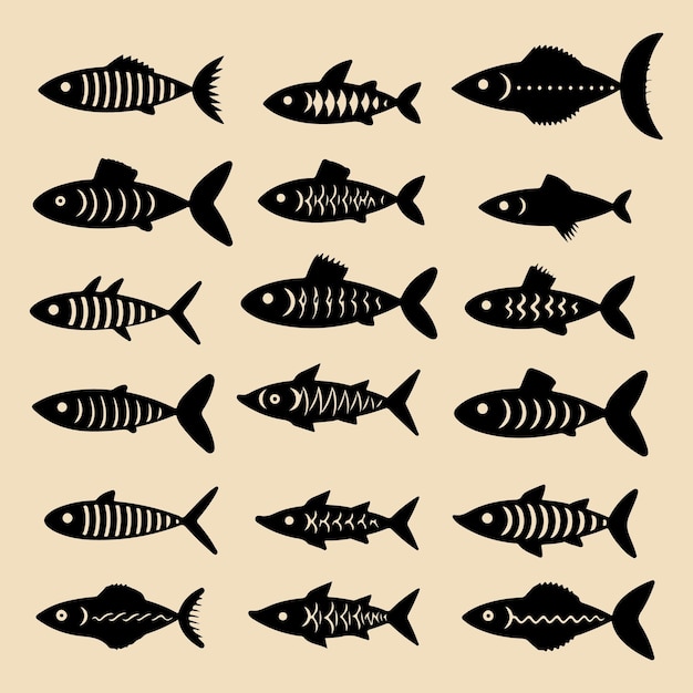 fish bone line black silhouette icon set Clip art