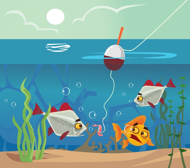 Fish at bottom looking at worm bait hook. Fishing water sea lake concept. Vector flat cartoon