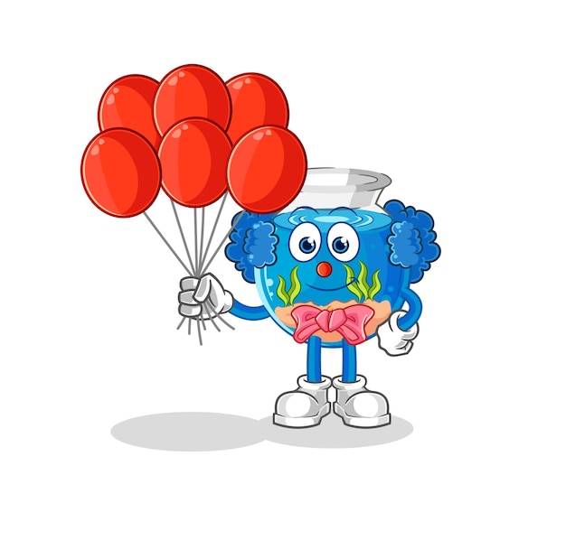 Fish bowl clown with balloons vector cartoon character