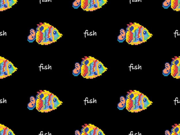 Fish cartoon character seamless pattern on black background Pixel style