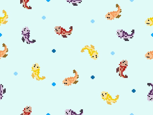 Fish cartoon character seamless pattern on blue backgroundPixel style