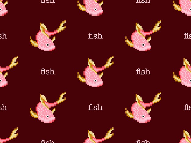 Fish cartoon character seamless pattern on red background Pixel style