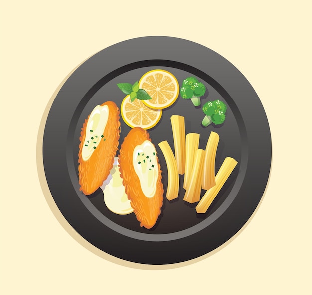 fish and chips on plate vector illustration