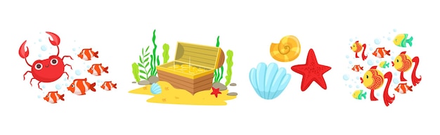 Vector fish crab shell and treasure chest as sea bottom element vector set