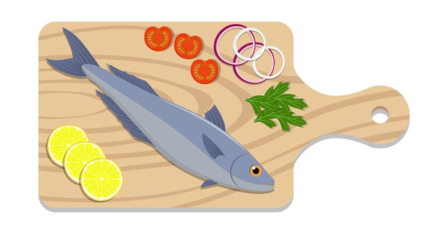 Vector fish on a cutting board with lemon slices onion tomato parsley herb cooking of salmon