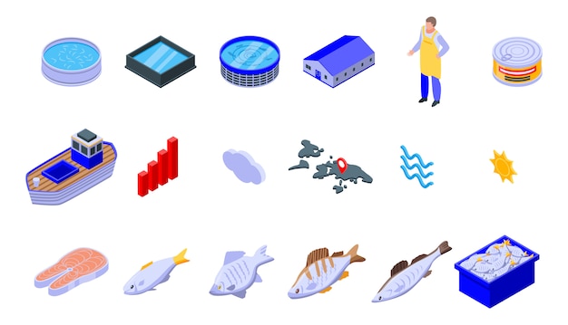 Fish farm icons set, isometric style