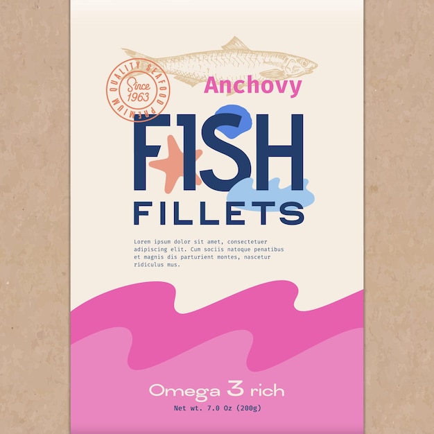 Fish Fillets Abstract Vector Fish Packaging Design or Label Modern Typography Hand Drawn Anchovy Silhouette and Colorful Elements Craft Paper Background Layout